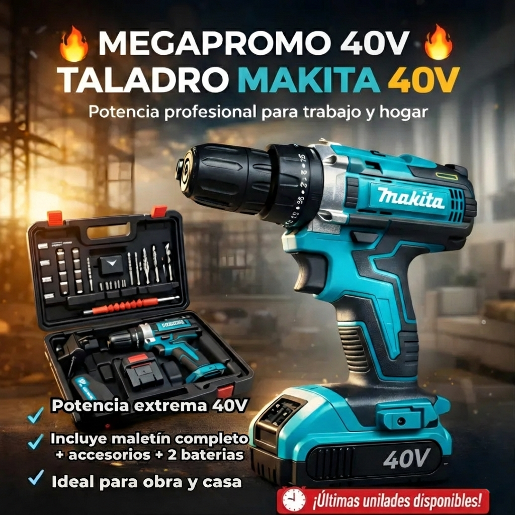 Taladro inalámbrico percutor + Maletin con 24 Accesorios + 2 Baterias 40 V